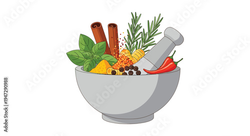 A colorful arrangement of spices herbs and a mortar with pestle is beautifully displayed in a bowl silhouette high quality professional