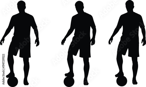 Soccer player silhouettes illustration, athletes with ball vector art, football stances design concept, sports training posture representation