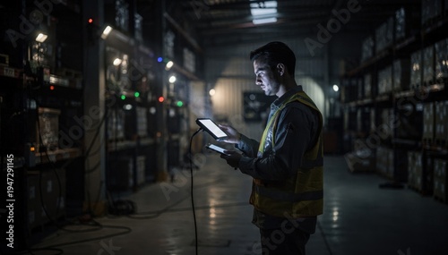 Dimly lit warehouse setting showing a technician measuring WiFi interference during night shift focusing on precise network mapping in challenging light.