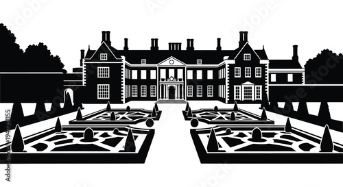 An elegant black manor house with symmetrical gardens is presented in a striking graphic silhouette high quality professional detailed modern stylish