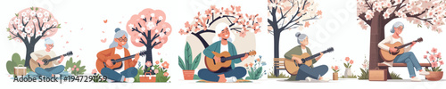 vector of a enjoy grandma sitting on tree playing guitar in spring