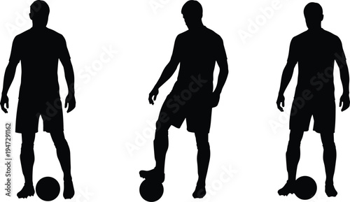 Soccer player silhouettes illustration, athlete stances with ball vector art, sports training design concept, football posture representation