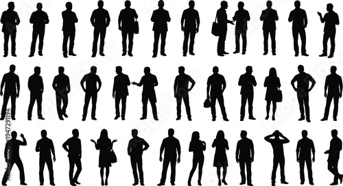 Human silhouettes in diverse poses, group illustration, body language design, identity representation concept