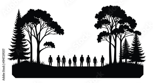 A group of people walk between dense trees under a bright sky depicted in striking silhouette high quality professional detailed modern
