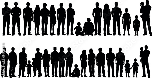  Black silhouette family groups with children, demographic people icons, standing poses, diverse human figures for social studies, population analysis