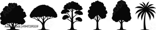 Collection of diverse tree silhouettes including palm, rounded, umbrella-shaped, and segmented foliage designs, botanical illustration for landscape artwork