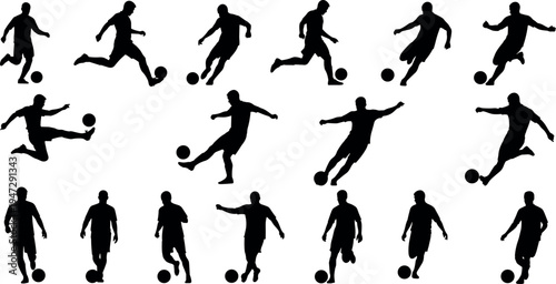 Soccer players silhouette vector illustration, dynamic action poses, kicking, dribbling, running, ball control artwork, sports fitness design background