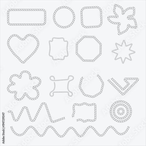 Vector rope frames. Borders of different geometric shapes are round, oval and square. Collection of isolated elements on a white background. Set of various decorative rope elements. Knots and decorati