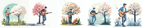 vector of a happy man standing playing guitar in spring