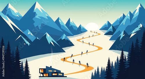 Ski resort with skiers on slope leading to house during winter with sun mountains and evergreen trees beautiful landscape cartoon style