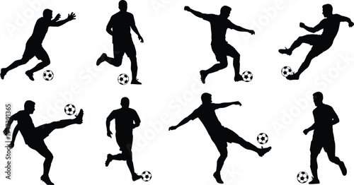Soccer player silhouettes in dynamic poses with ball, vector illustration showing athletic movement, sports action theme, football artwork design