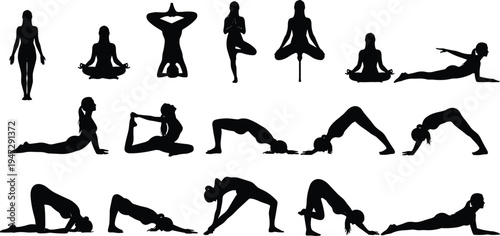 Yoga silhouettes with diverse poses, standing, seated, balancing, stretching, meditation, flexibility, wellness, harmony, fitness, mindfulness, exercise vector illustration