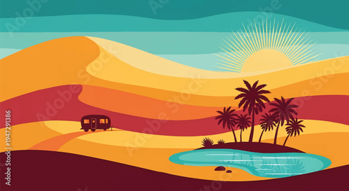 Desert landscape with sand dunes oasis palm trees caravan and bright sun during daytime beautiful arid scenery for travel and adventure