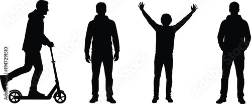 Human silhouettes in varied poses, scooter rider, standing gestures, relaxed posture, vector illustration design concept