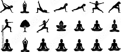 Set of Yoga Silhouettes Featuring Female Poses Meditation Lotus Position and Mindfulness Icons Isolated on White Background for Wellness Fitness Health and Spiritual Zen Projects