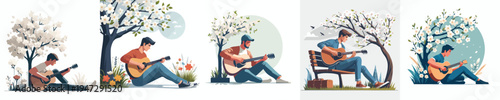 vector of a enjoy man sitting on tree playing guitar in spring