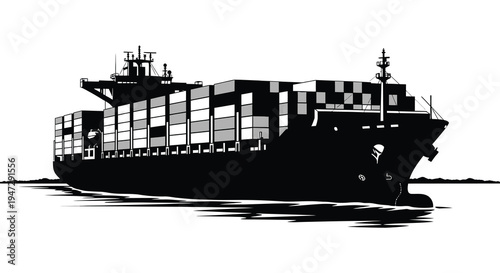 A striking graphic depiction of a large container ship sailing on water rendered in a bold silhouette high quality professional detailed