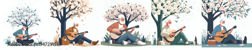 vector of a enjoy grandpa sitting on tree playing guitar in spring