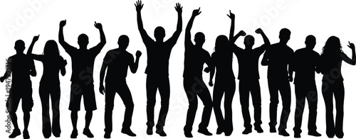 Silhouette illustration of diverse people celebrating and dancing, black vector design showing joy, unity, movement, and expressive posture styles