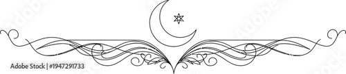 A black and white line drawing of a crescent moon and star