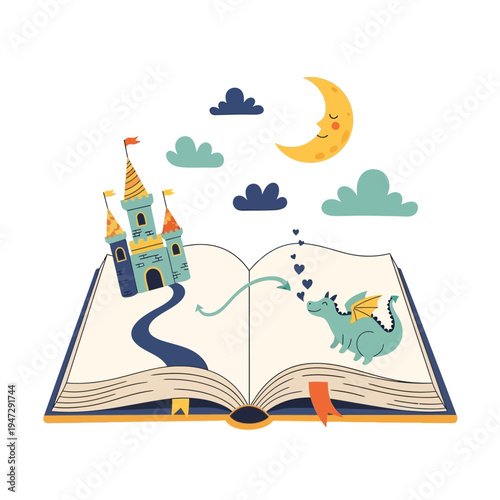 Magical Storybook with Castle and Dragon Illustration
