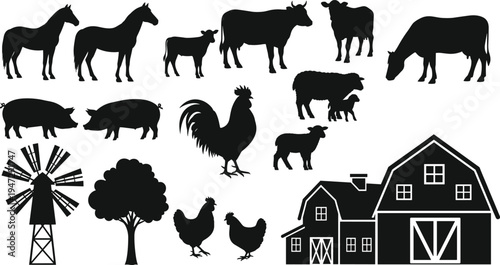 Farm animal silhouettes with horses, cows, pigs, sheep, rooster, hens, lambs, barn, windmill, tree, rural lifestyle vector illustration for design projects