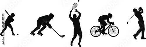 Sports silhouettes featuring baseball, hockey, tennis, cycling, and golf, athletic diversity illustration, physical activity design, fitness concept, recreation theme