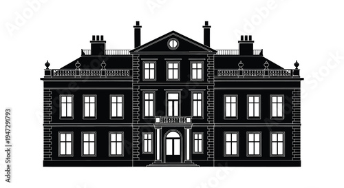 A detailed black silhouette of a grand mansion with symmetrical architecture and ornate rooftop details silhouette high quality professional modern elegant