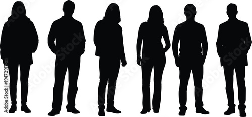 Human silhouettes standing side by side, diverse figures illustration, identity representation design, demographic