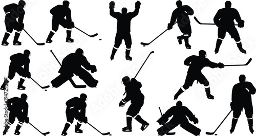 Ice hockey silhouettes with players skating, shooting, defending, goalies, celebration poses, dynamic sports motion, competition, teamwork, vector illustration