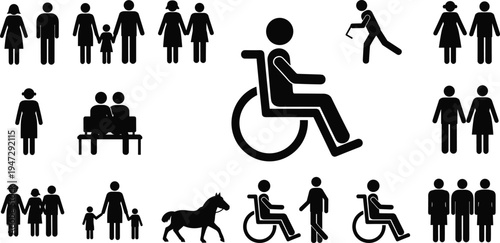 Inclusive silhouettes illustration, wheelchair and walker icons, family groups, diverse people vector art, accessibility design, social diversity, community representation