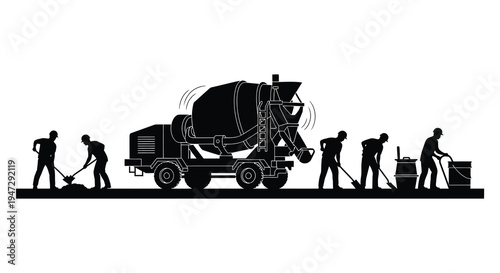A black silhouette depicts construction workers and a concrete mixer truck actively engaged in roadwork operations silhouette high quality professional detailed