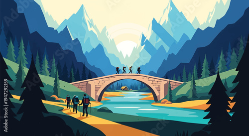 Group of hikers crossing stone bridge over river in mountainous landscape with pine trees, flat design adventure illustration