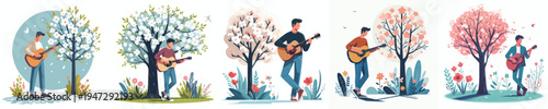 vector of a happy man standing playing guitar in spring