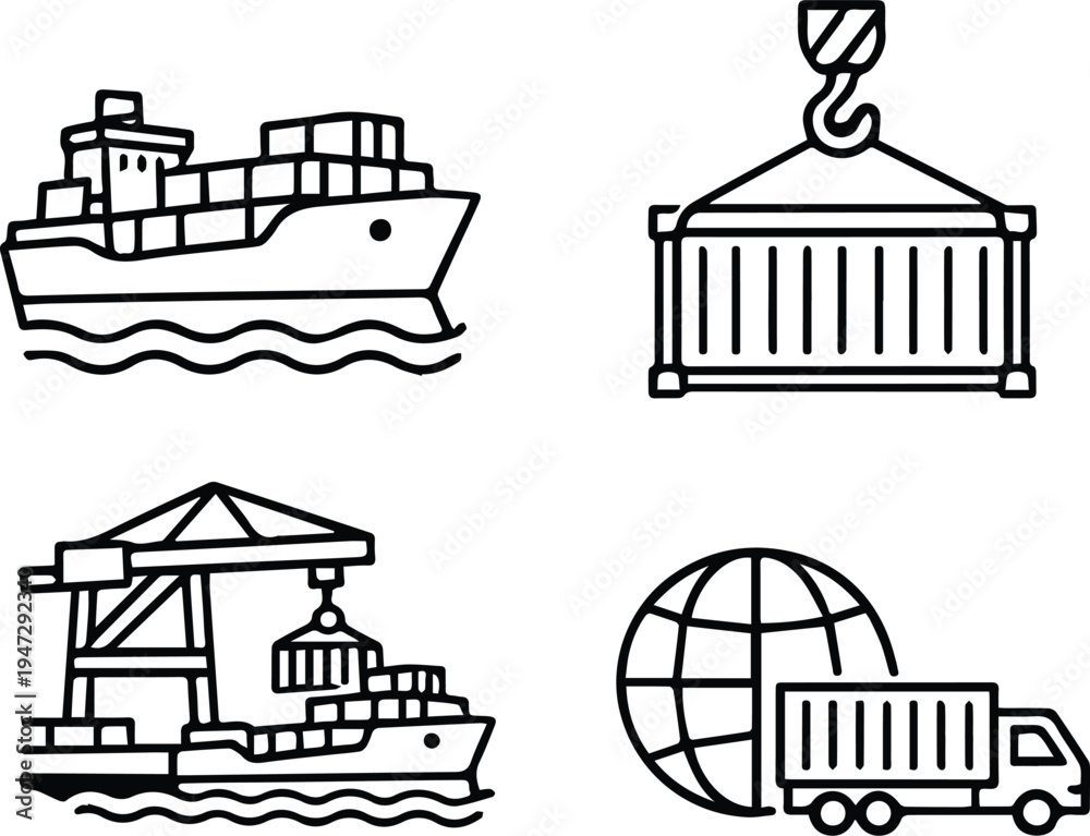Fototapeta premium Global Shipping and Cargo Logistics Line Icons Set