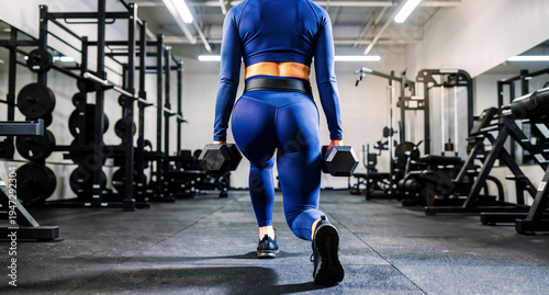 Fit Woman Lunging with Dumbbells in Modern Gym