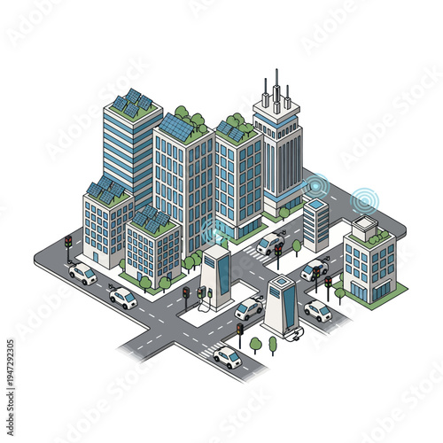 Isometric Cityscape with Modern Buildings and Transportation.