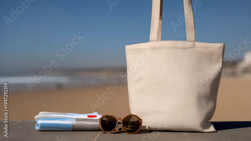 Blank canvas tote bag mockup with sunglasses and towel on a sunny beach. Summer vacation lifestyle concept.