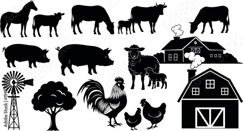  Farm silhouettes with animals, barn, farmhouse, windmill, rooster, cows, pigs, sheep, chickens, tree, rural life, agriculture illustration