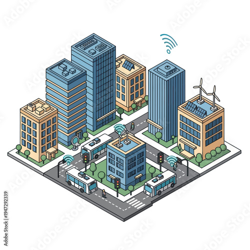 Isometric Smart City Illustration with Connected Buildings and Transportation.