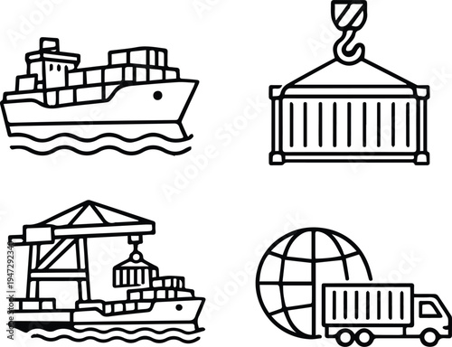 Global Shipping and Cargo Logistics Line Icons Set
