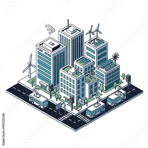 Isometric Smart City with Renewable Energy and Connected Transportation.