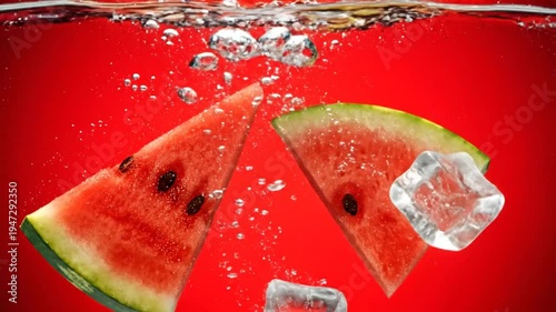 Fresh Watermelon Slices and Ice Cubes Plunging into Sparkling Water Ultra Slow Motion, Fruit Splash with Air Bubbles on Saturated Red Background Macro Shot