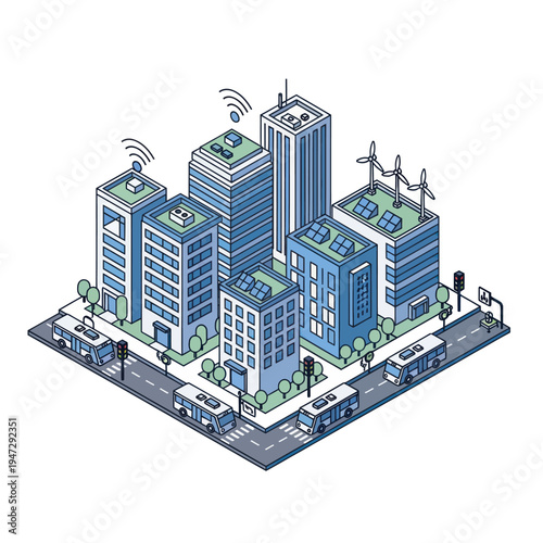 Isometric Smart City Illustration with Renewable Energy and Connected Transportation.