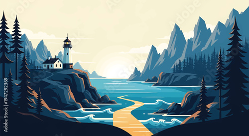 Coastal landscape with lighthouse on rocky cliffs overlooking ocean, pathway leading to water, pine trees, and sunset sky