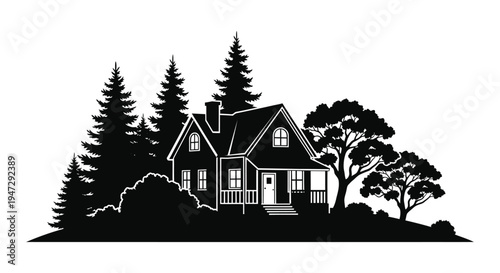 A striking black and white illustration depicts a quaint house surrounded by trees presented as a silhouette high quality professional detailed
