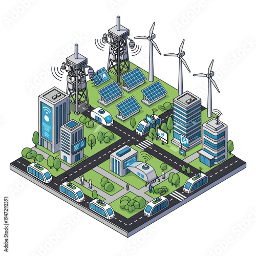 Isometric Smart City with Renewable Energy and Sustainable Transportation.