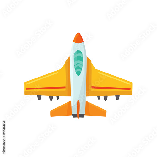A vibrant cartoon airplane, soaring high in the sky. The aircraft has yellow wings, and a sleek design