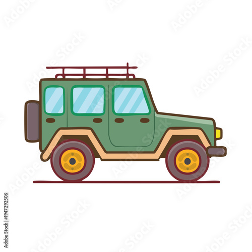 A stylish green SUV on a flat surface, suitable for various adventures. The vehicle features a spare tire on the back and a luggage carrier on top.