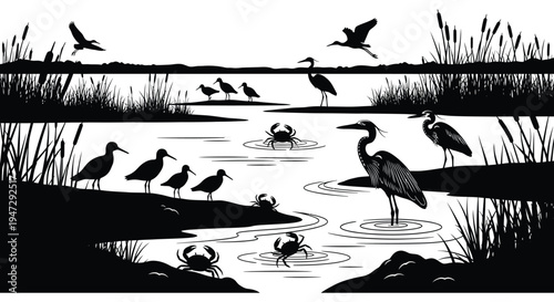 A serene wetland scene depicts various birds crabs and reeds rendered in a striking black silhouette high quality professional detailed modern